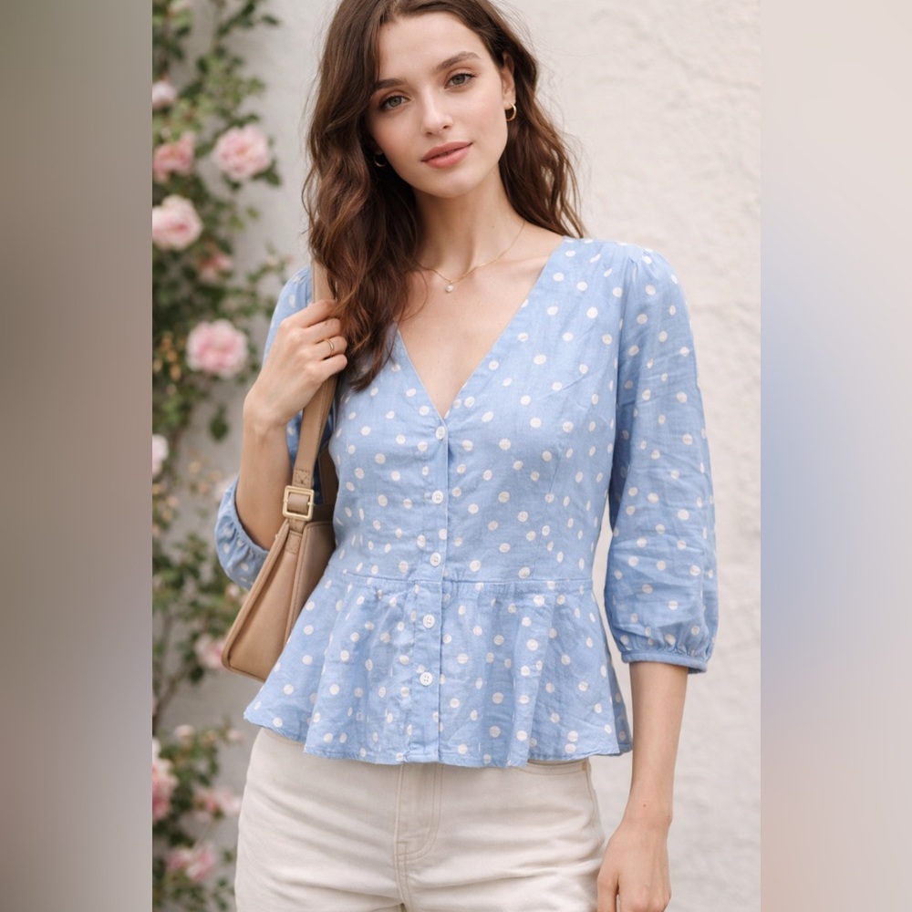 Madewell Blue Polka Dot Button Front Top Peplum Cotton Size 6 NWT Coquette